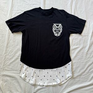 “Nghtbrnd” owl t-shirt with attached star & moon print layer, short sleeve